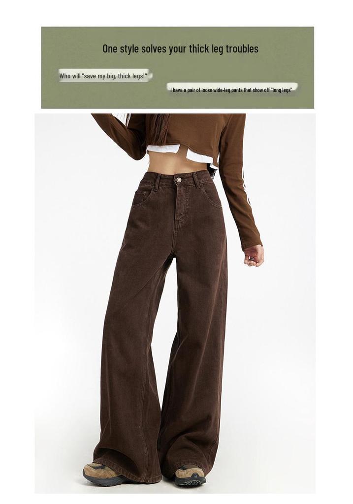 Meilade Damskie Jeansy Plus Size z Wysokim Stanem w Kolorze Brązowym z Szerokimi Nogawkami - Luźne, Proste, Długie Spodnie na Wiosnę i Jesień