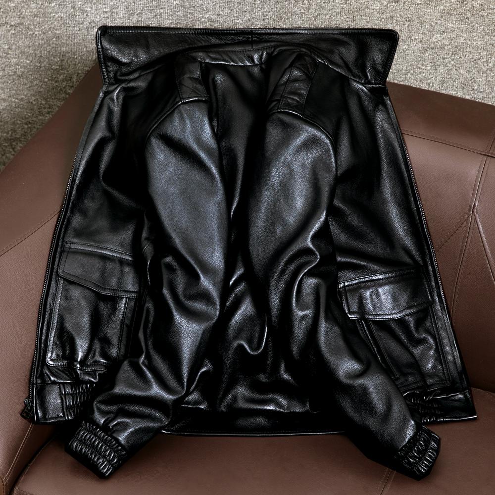 Genuine Top Grain Soft Cowhide Leather Jacket Mens Middle Age Bomber Short Coat Autumn Fashion