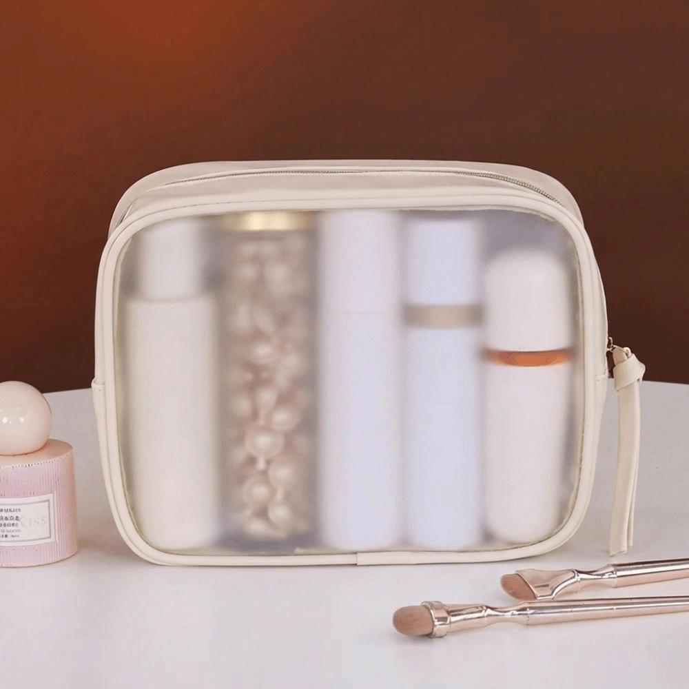 Fashion Frosted Transparent Cosmetic Bag Zipper PU Makeup Storage Bag Large Capacity Beige Wash Pouch Swimming