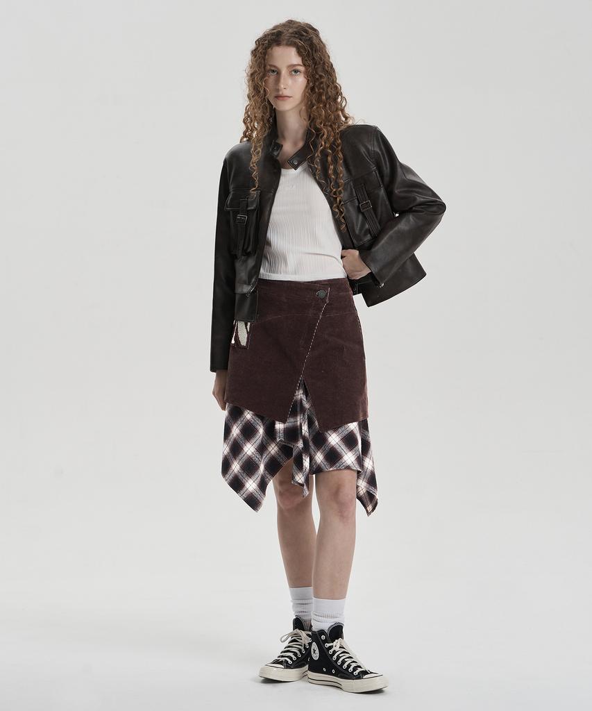 Jenyujeu Layers Corduroy Check Skirt - Brown