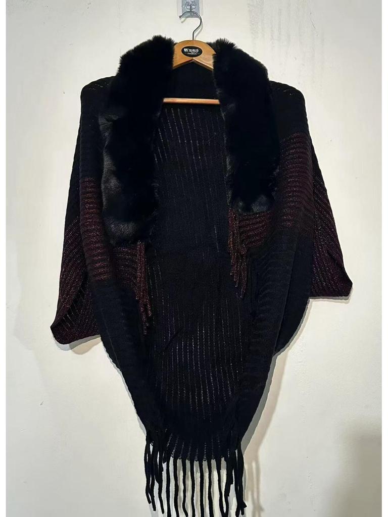 Autumn & Winter High-End Knit Cardigan: Color-Blocked Cloak Shawl with Large Fur Collar & Tassels, Korean Style Outerwear.