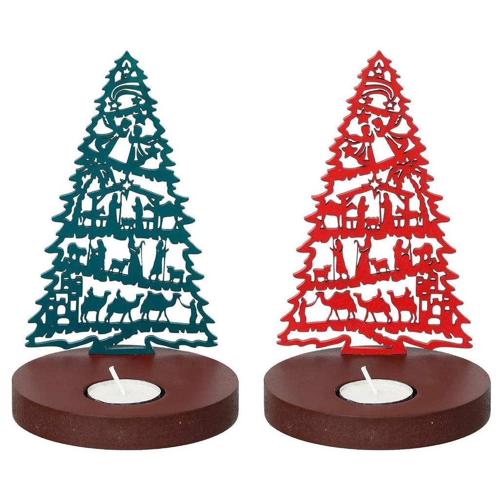 Jesus Krippe Weihnachtsbaum Teelicht Kerzenhalter(Set aus 2 Holz Rot Grün)Teelichthalter|Weihnachtsdekorationsartikel