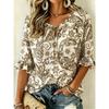 Women's Blue Beige Paisley Print Tie Neck Blouse