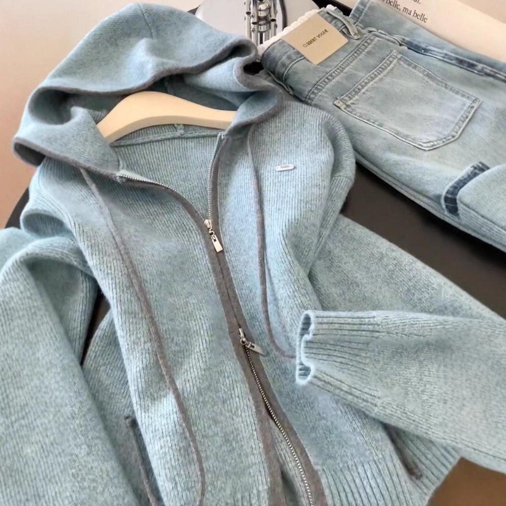 [Sheep Fleece] Cardigan Jacket Women's Korean Niche Casual Double Zipper Hooded Knitted Sweater Lazy Versatile Top