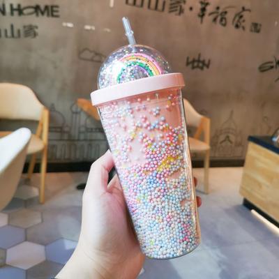 Creative Rainbow Plastic Straw Cup, Lovely Water Bottle, Colorful Drinking Mug for Girls, Students, Portable Juice Cup 550ml New