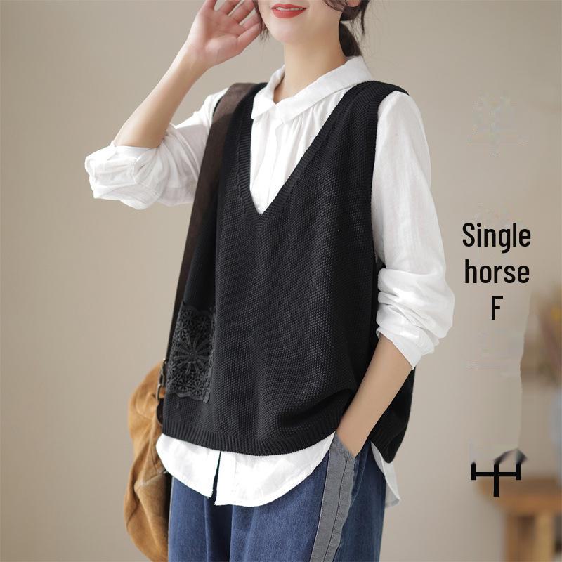 "Spring 2024 Women's Knitted Sleeveless Lace-Trim Vest – Solid Color Casual Top"