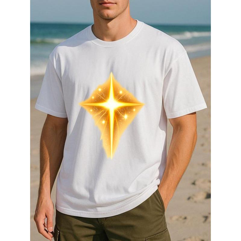 

European sizes Shining Golden Star Print | Suitable for Daily and Home Wear, Men S Lightweight Round-Neck Short-Sleeved T-Shirt, Casual Style 4XL білий