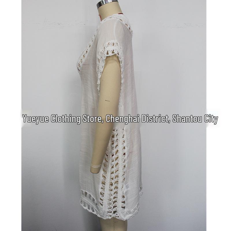 Cross-Border Solid Color Crochet Bamboo Patchwork Neckline Beach Cover-Up