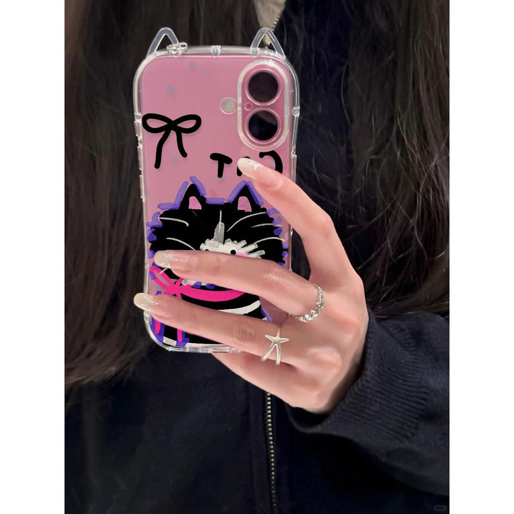 Pink Knot Striped Cat Applies To Apple IP17Promax Mobile Phone Case 16 Cat Ears 15/14 Transparent Air Cute 13