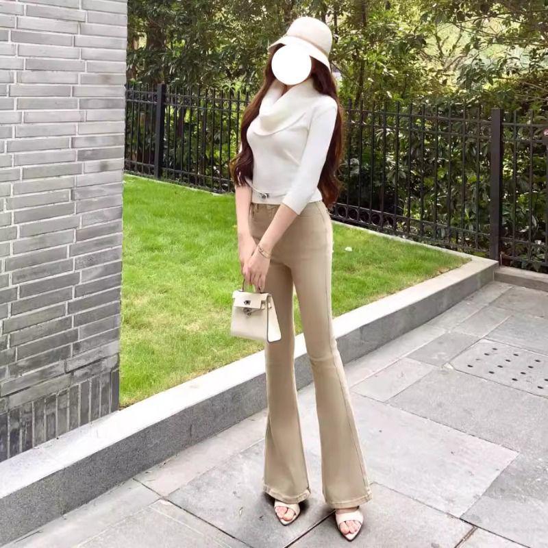 

Women s Khaki High-Waisted Stretch Slimming Flared Jeans - Light Color Horseshoe Leg, Versatile Wide-Leg Pants S