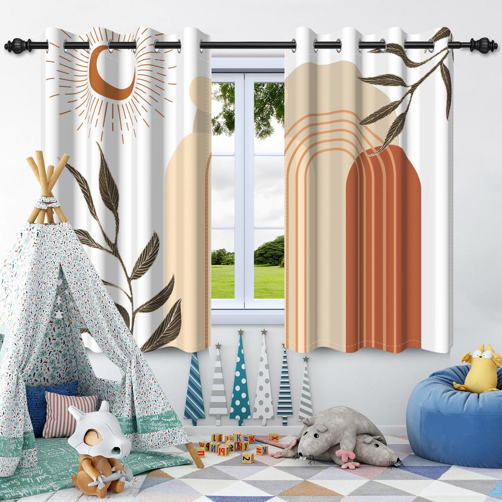 2Pcs Bohemian Style Curtains Plants Leaf Geometric Pattern Blackout Curtains Boho Window Curtain for Bedroom Apartment Decor