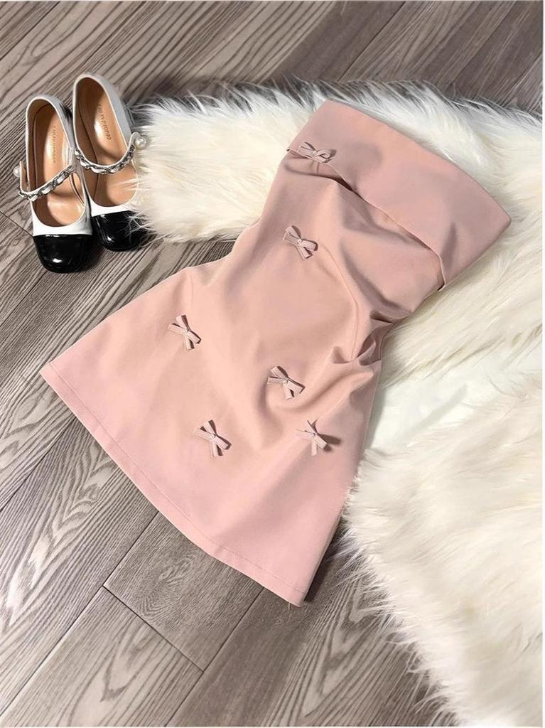 Pure Desire Korean Style Pink Satin Off Shoulder Dress With Bow For Summer Party Wear
