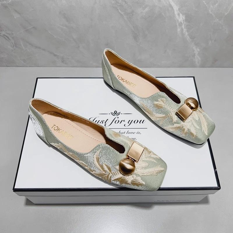 

Ретро новый китайский стиль 2025 весна новая обувь на низком каблуке женская универсальная с квадратным носком одинарная обувь женские туфли Doudou плоские лоферы 40 зелёный