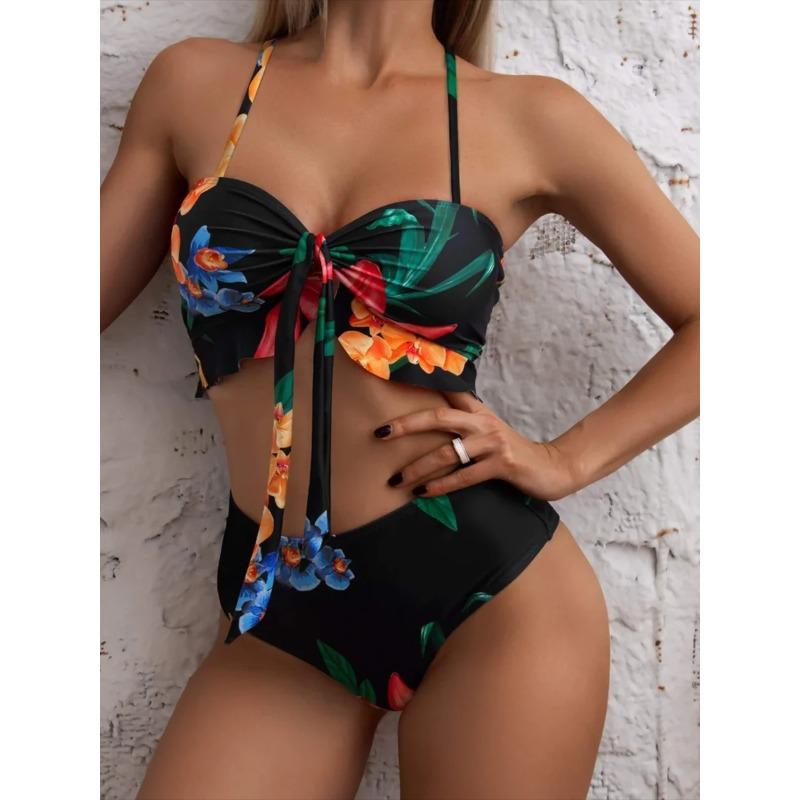 3 Pieces Floral Print Knot Front Bikinis 2025 Women Ruffle Swimwear Female High Waist Swimsuit With Beach Skirt Bathing Suit