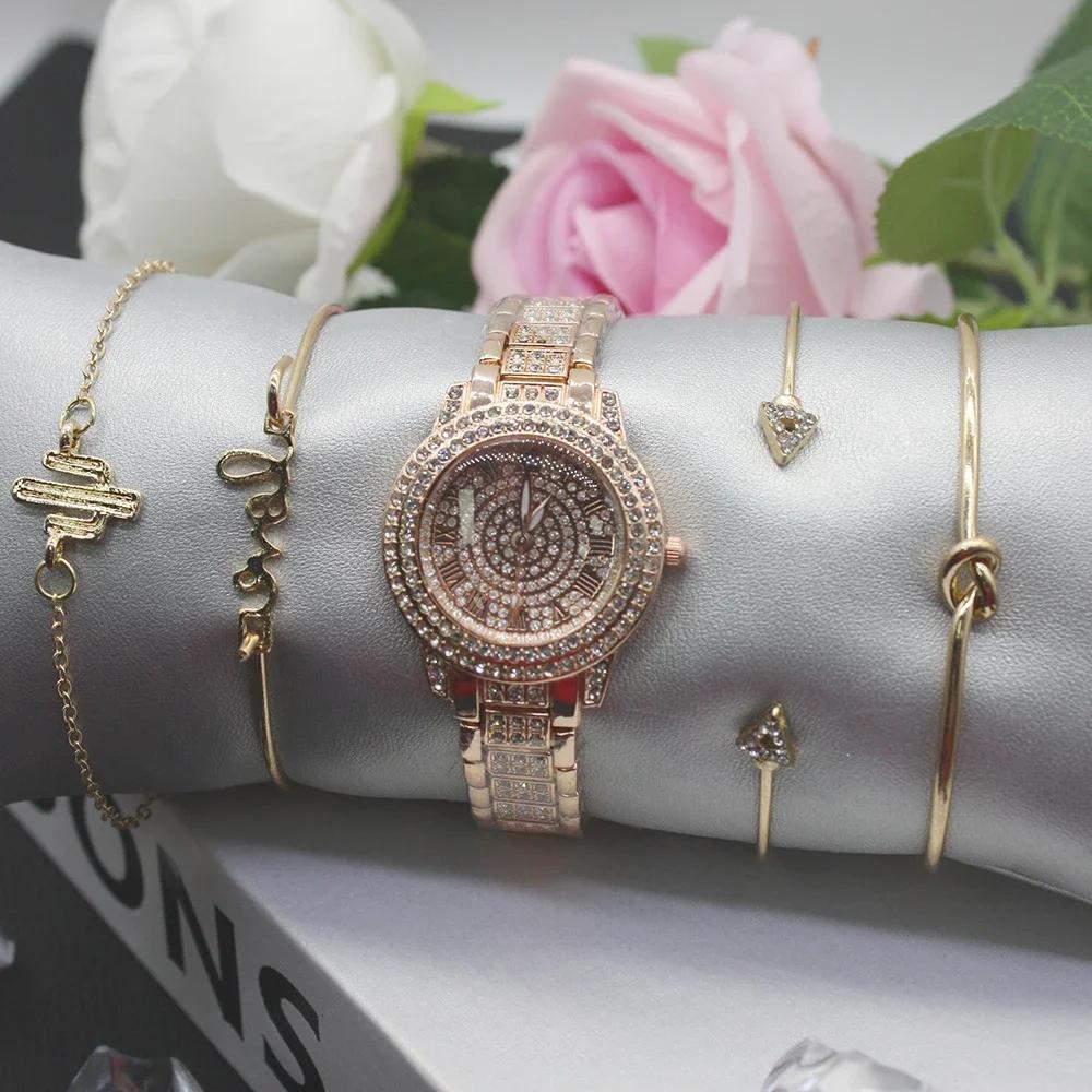 5pcs Set Watches for Women Stainless Steel Bracelets Simple Light Luxury Quartz Watch for Outdoor Travel Include Box