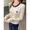 Korean Style Round Neck Striped Love Embroidery Design Knitted Sweater for Women In Autumn and Winter Slim-fitting Bottoming Shirt with Inner Top