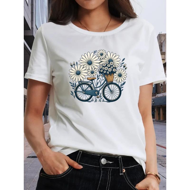 Damen Lässiges Bedrucktes Rundhals-Kurzarm-T-Shirt Modisches Ganzjahres-Top