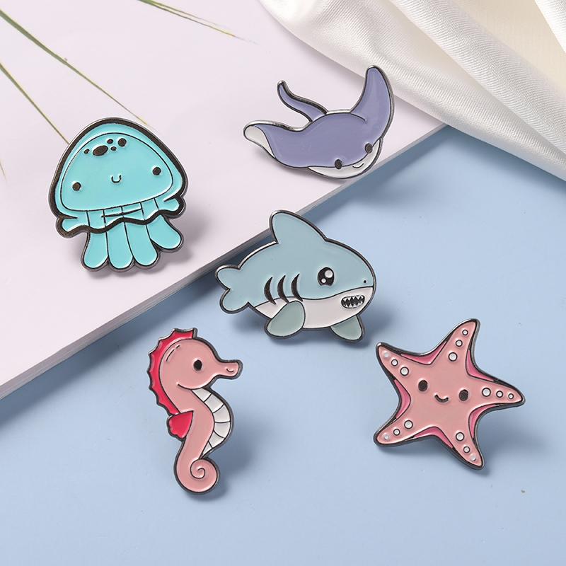 Starfish Shark Octopus Enamel Pins Sea Ocean Animal Brooches Cute Kawaii Cartoon Bag Hat Lapel Pin Badge Gift for Girl Boys