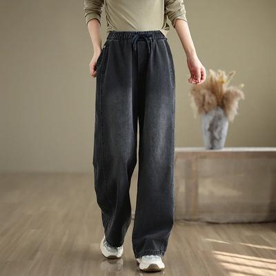 Women  Full Length Straight Basic Jeans Women Korean Style Elastic Waist Solid Color Simple Loose Casual Denim Pants Daily Trouser