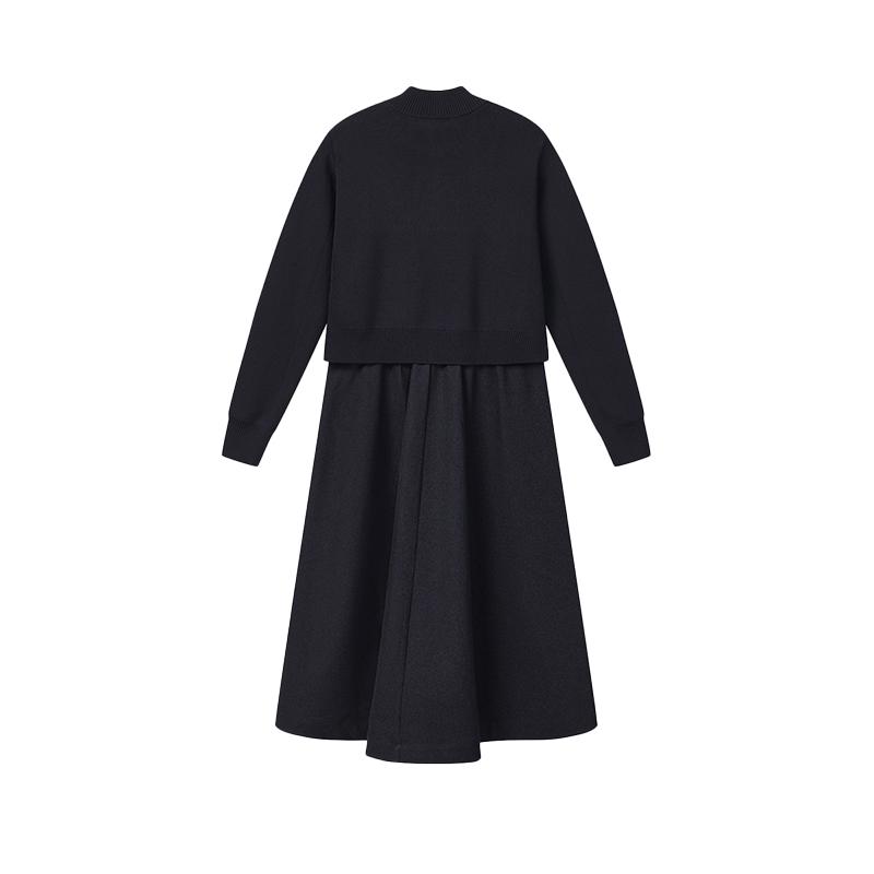 FILA White Fashion Simple Classic Casual Versatile Comfortable Loose Half-Zip Elegant Long Sleeve Dress Women dresses Legendary-Blue F11W613302FNV