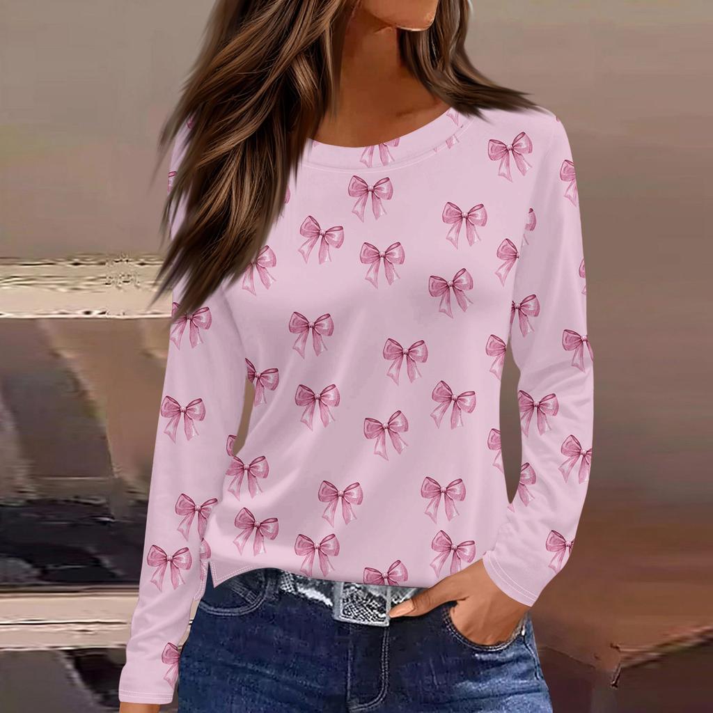 Women's Fashion Casual Slit Hem Round Neck Long Sleeve Loose Printed T-Shirt Ladies Top