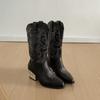 Retro Black British Thick-heeled Western Cowboy Boots for Women's 2025 New Autumn with Skirt and Thin Medium Boots