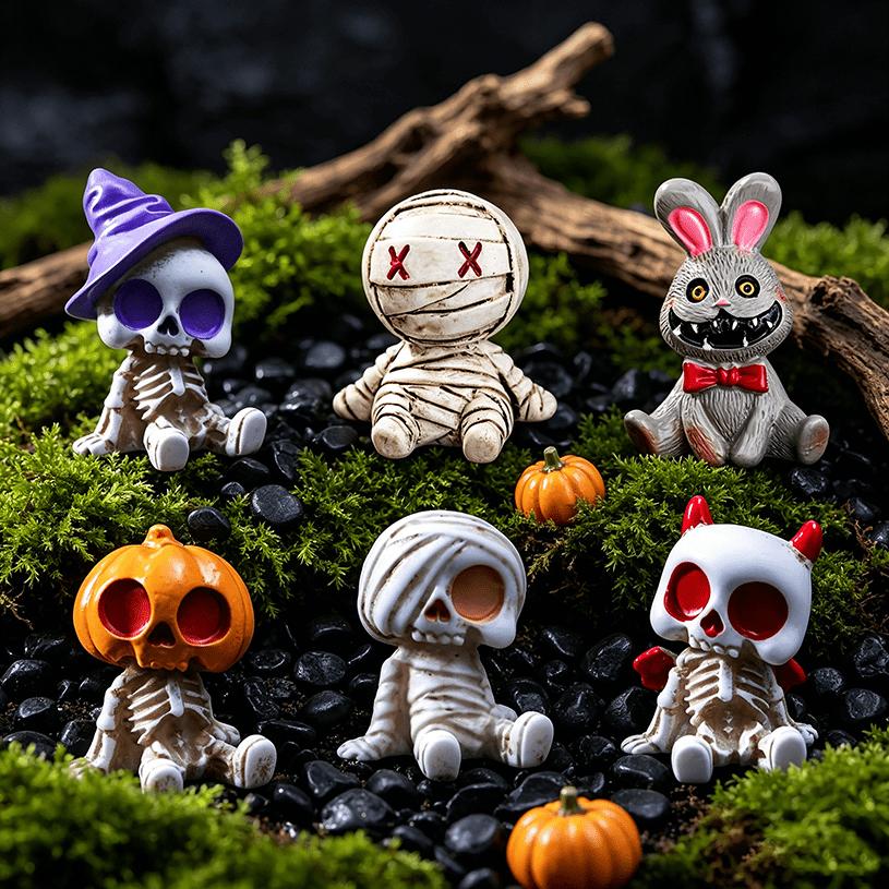6PCS Halloween Funny Skeleton Mummy Ornaments, Mini Resin Miniature Statues, Halloween Scene Decoration Gifts