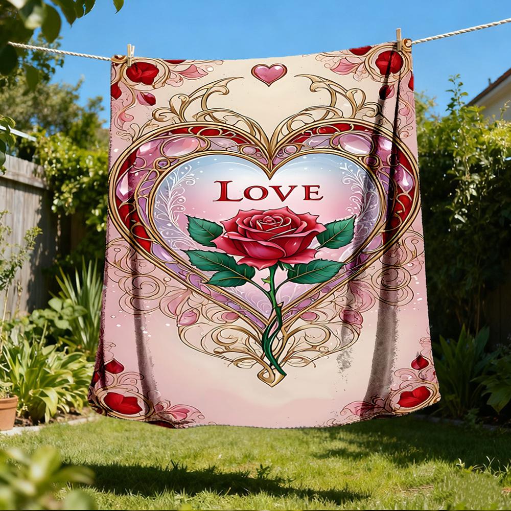 1pc Heart Love Rose Outdoor Flannel Blanket Soft All Season Polyester Throw , Perfect for Picnics & Travel , Picnic Accessory