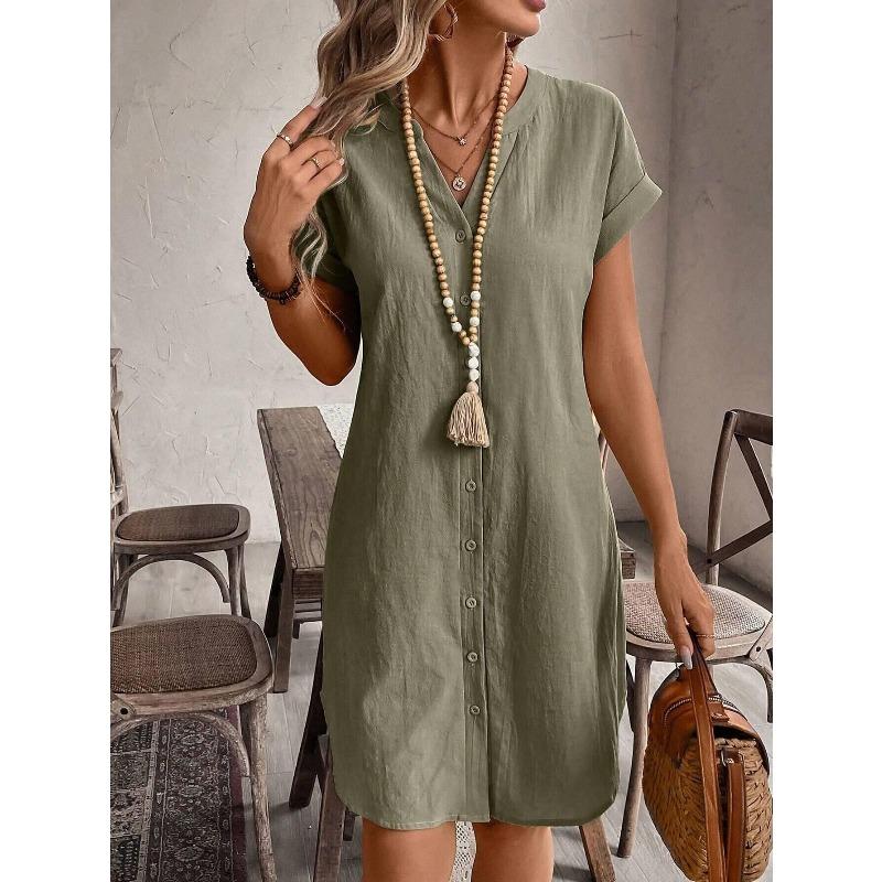 

Summer New Style Plain-color V-neck Button-up Loose-fitting Casual Dress S армия зеленый