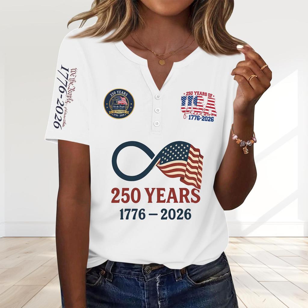 Women's Fashion Casual 250th Anniversary Independence Day Print V-Neck Short Sleeve Decorated Button-Up T-Shirt