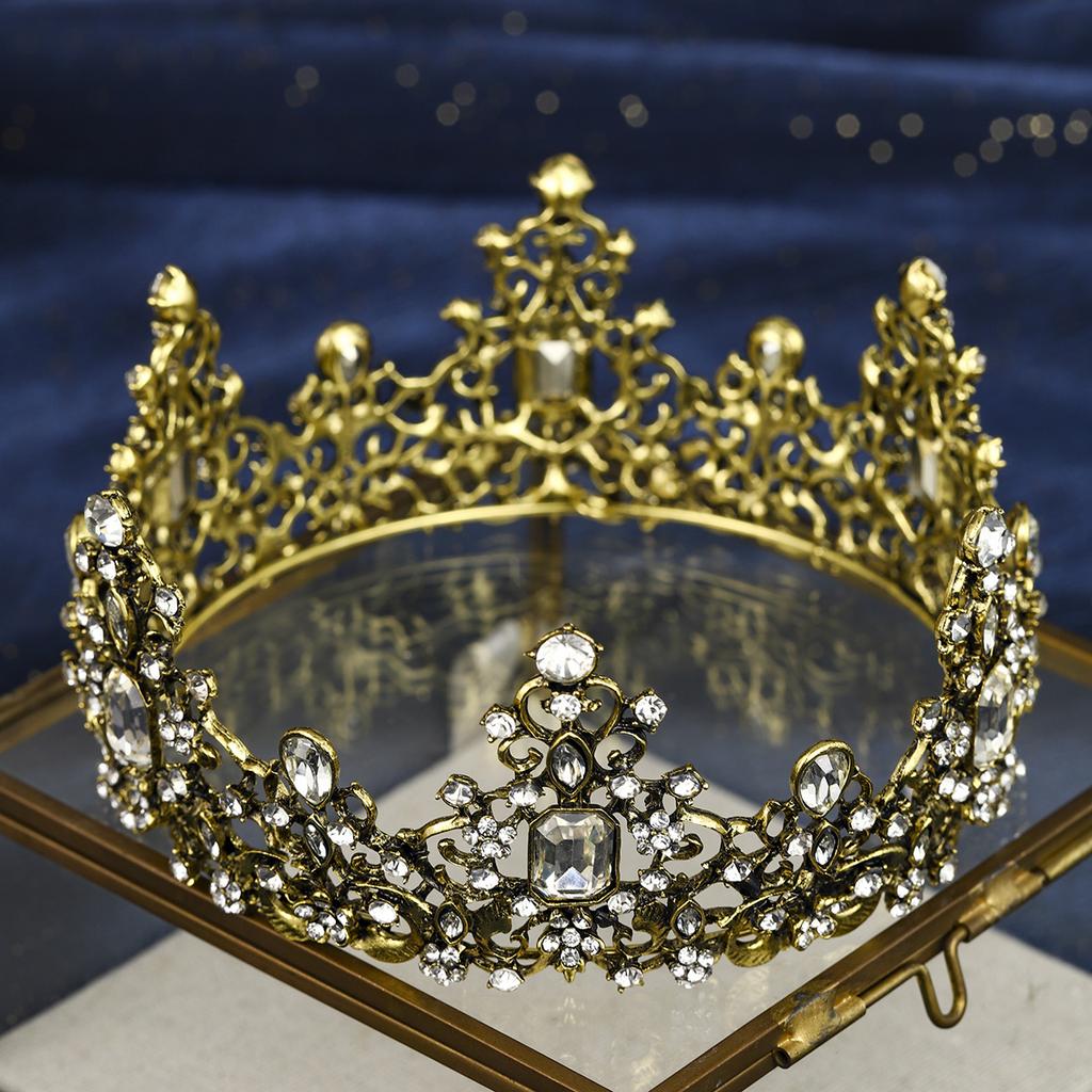 Antique Golden Vintage Heavy Duty Round Crown Baroque Crystal Flower Crown Tiara for Women Refined Banquet HairBand