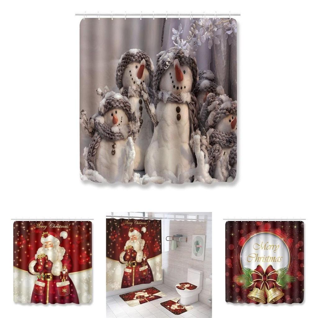 Beautiful 4pcs Christmas Shower Curtain And Toilet Cushion Set For Holiday Home Decoration