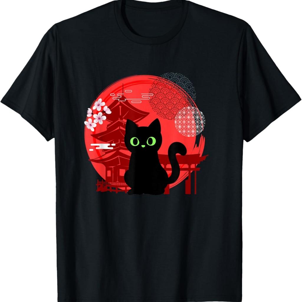 Japanese Cat Silhouette Flower Kitten Anime Lover Cat T-Shirt