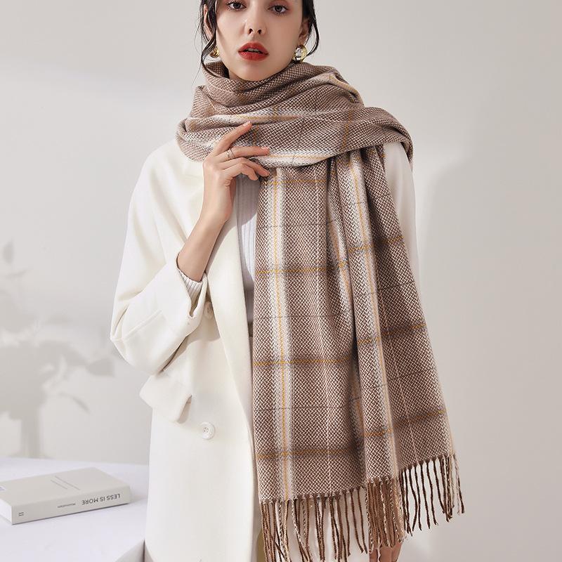 New Faux Cashmere Plaid Curry Scarf Female Warm Long Neck Large Shawl
