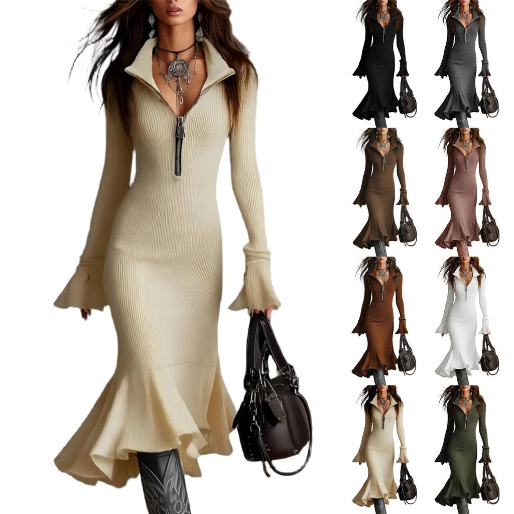 Women's 1/4 Zipper Bell Sleeve Sweater Long Fishtail Dress Knitted Tight Dress