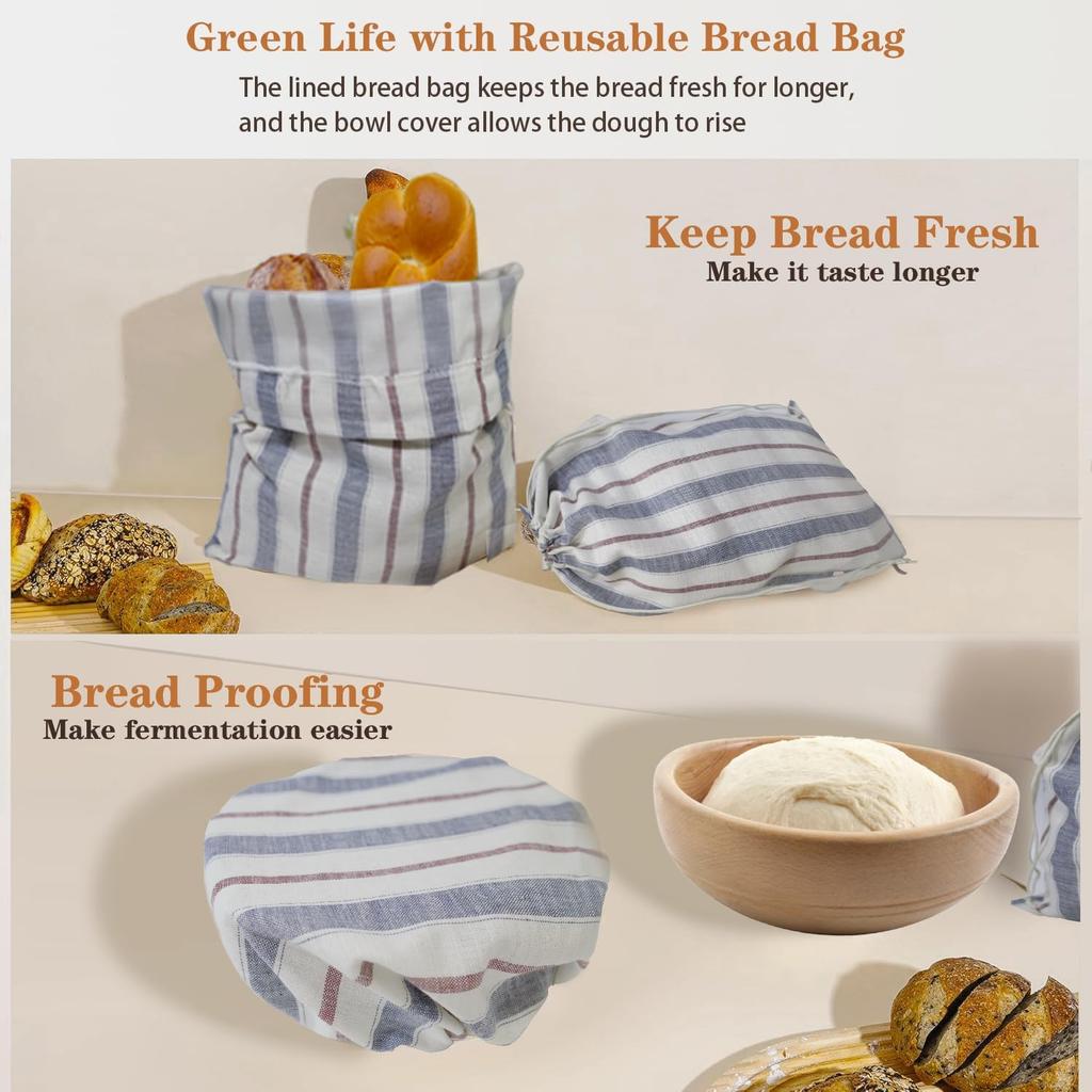 Reble Bread Bags for Homemade Sourdough Bread with Bowl Cover, 12"x18" Large Organic Linen Sourdough Bread Bags, Easy to Clean (Blue-Red stripe)