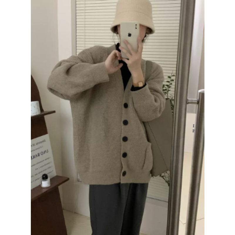 Retro Lazy Wind V-Neck Knitted Cardigan for Women's Autumn and Winter New Loose Versatile Single-breasted Sweater Jacket for Women