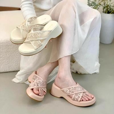 Feenhafte Spitzennudeln~ Plateau-Slipper für Damen im Sommer, neue rosa Riemchensandalen mit Muffin-Sohle, Strandschuhe