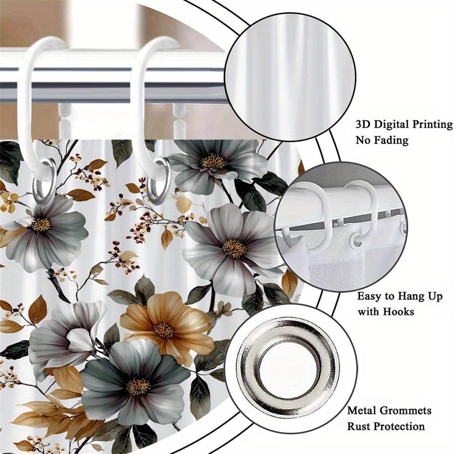 1Pc Grey And Gold Floral Patterned Shower Curtain With Hooks, Polyester Fabric, Suitable For Bathroom Dcor.