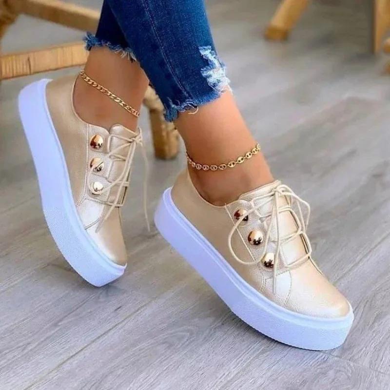 White Shoes Women  Fashion Round Toe Platform Shoes Size 43 Casual Shoes Women Lace Up Flats Women Loafers  Mujer