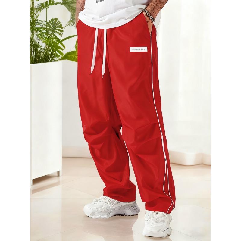 Men Drawstring Elastic Waist Contrast Side Line Wide Leg Pants Loose Casual Jogger Trousers