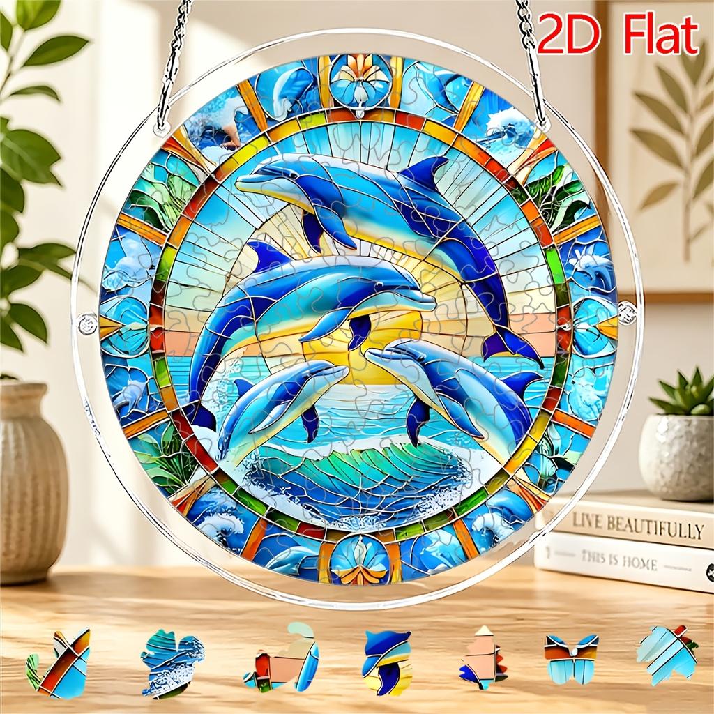 2D Flat Acrylic Puzzle Sun Catcher, Sunrise Four Dolphins Waves Theme Sun Catcher Puzzle, Home Garden Decoration, Suitable for Christmas, Thanksgiving