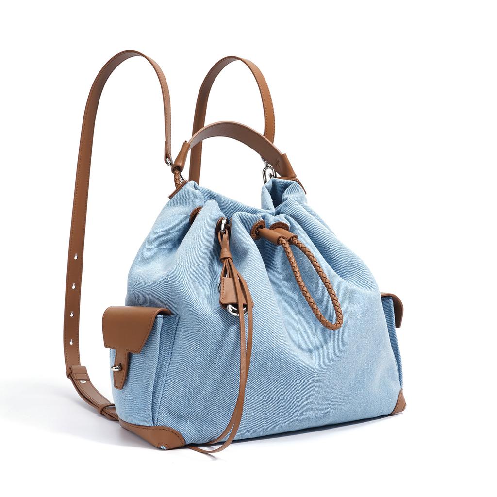2025 Summer New Niche Design Backpack Retro Denim Drawstring Shoulder Bag Large Capacity Fashion Splicing Bag