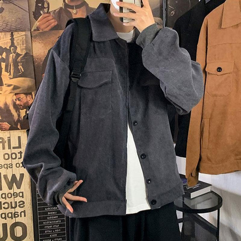 

Мужская одежда в японском стиле, винтажные пальто, повседневные однотонные осенне-зимние, с лацканами, модные однобортные куртки из свободной вельветовой ткани L серый