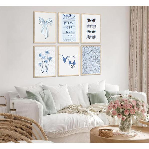 6Pcs Coast Bikini Preppy Canvas Wall Art Blue Shell Bow Coquette Picture Wall Decor Meet Me At The Beach Coastal Granddaughter Poster Print Artwork