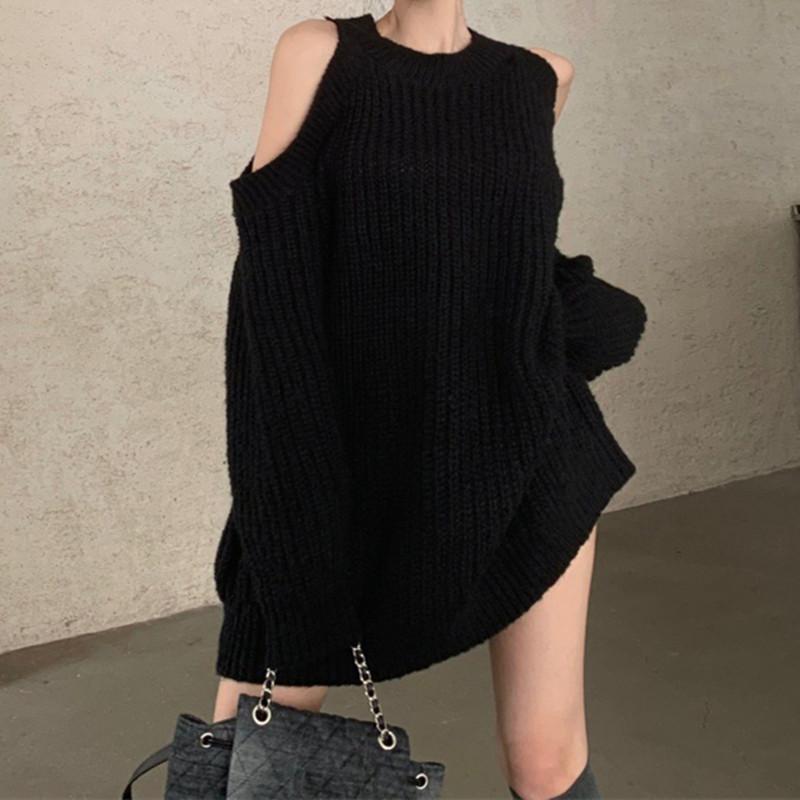 Off-the-shoulder pure desire style design neck sweater women's autumn and winter new lazy wind crew neck sweater