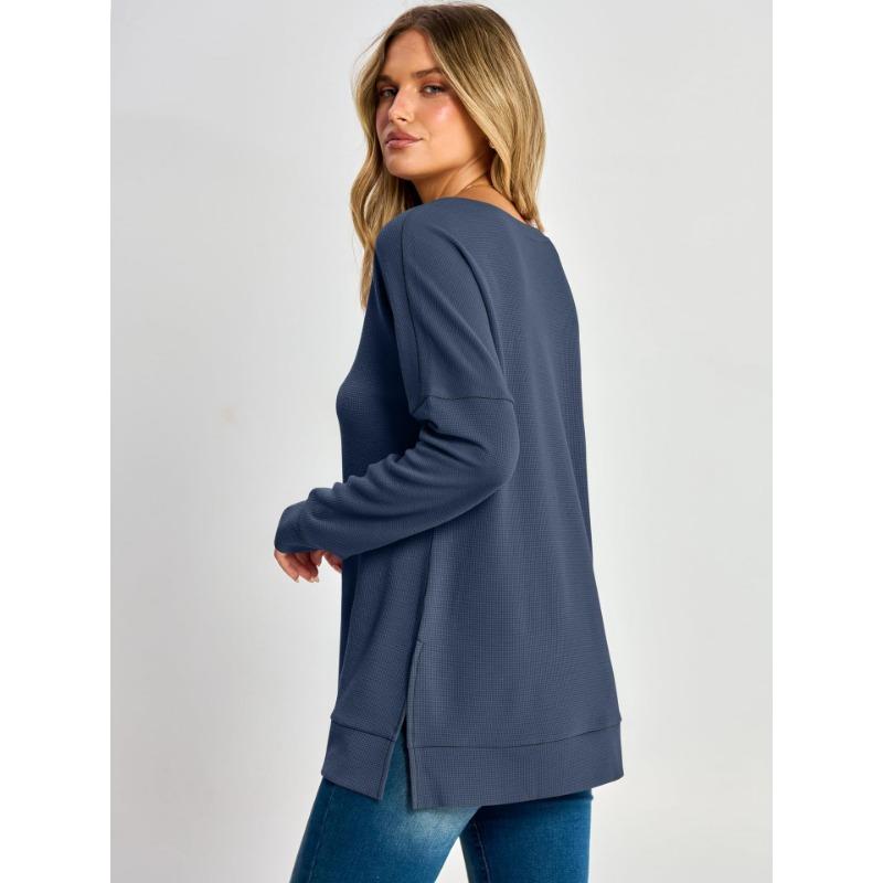 Women S V Neck Loose Long Sleeve Waffle Knit Solid T Shirt