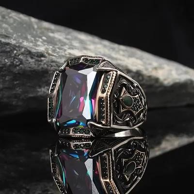 Huajie 6/13 Größe Temperament Herren Retro Türkische Siegelringe Farbiger geschliffener quadratischer Zirkon Zarter Ring Vintage Trendig