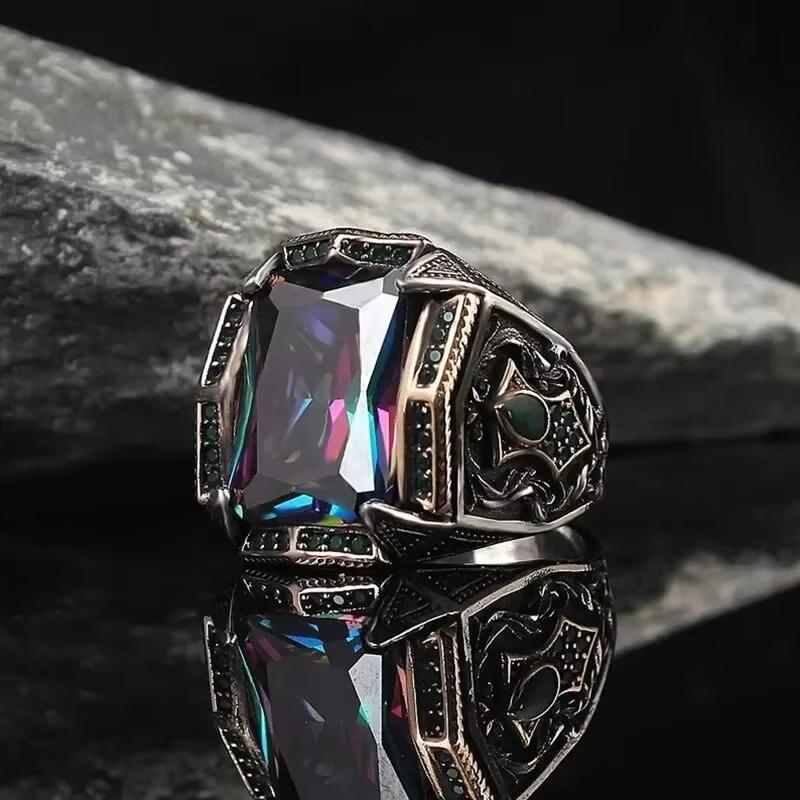 Huajie 6/13 Size Temperament Men's Retro Turkish Signet Rings Colored Cut Square Zircon Delicate Ring Vintage Trendy