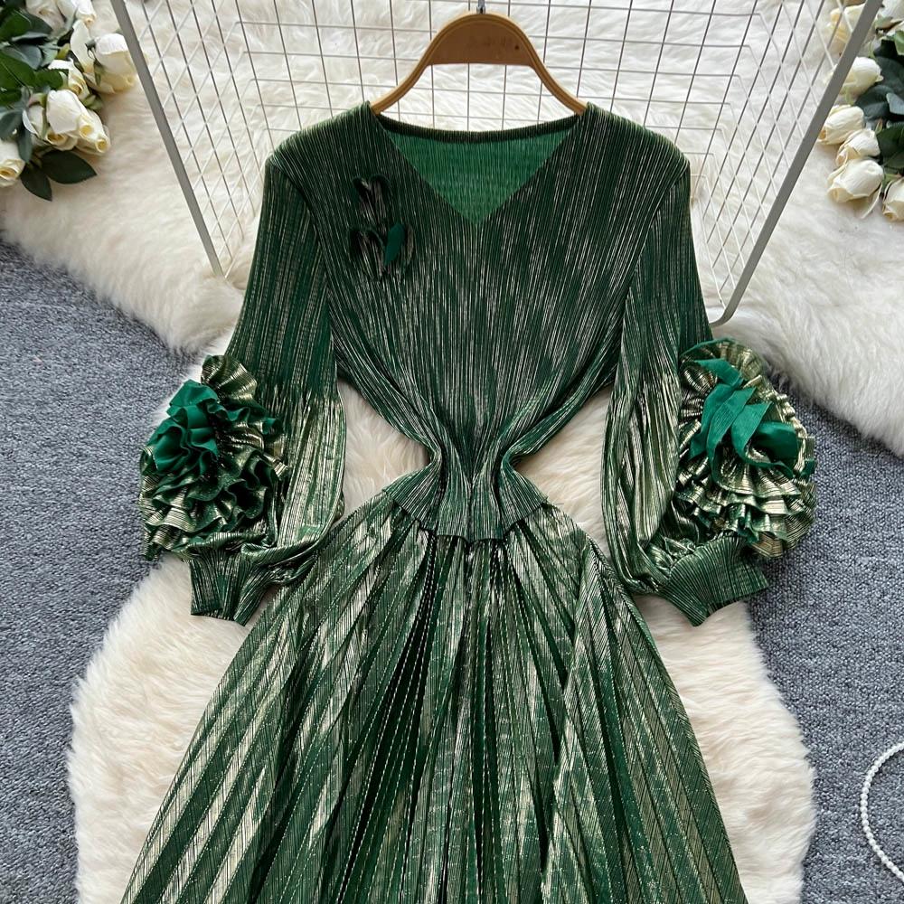 Wiosna Jesień Kobiety Luksus Plus Size Plisy Miyake Kwiat 3D Oversize Luźna Długa Sukienka Maxi Party Plisowana